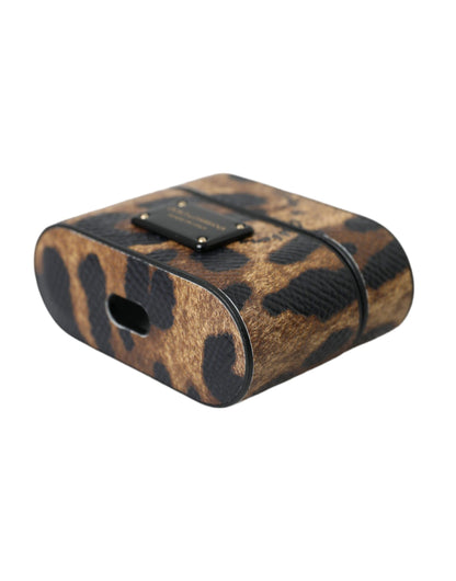 Custodia per Airpods Dolce &amp; Gabbana in pelle di vitello leopardata marrone con logo in metallo