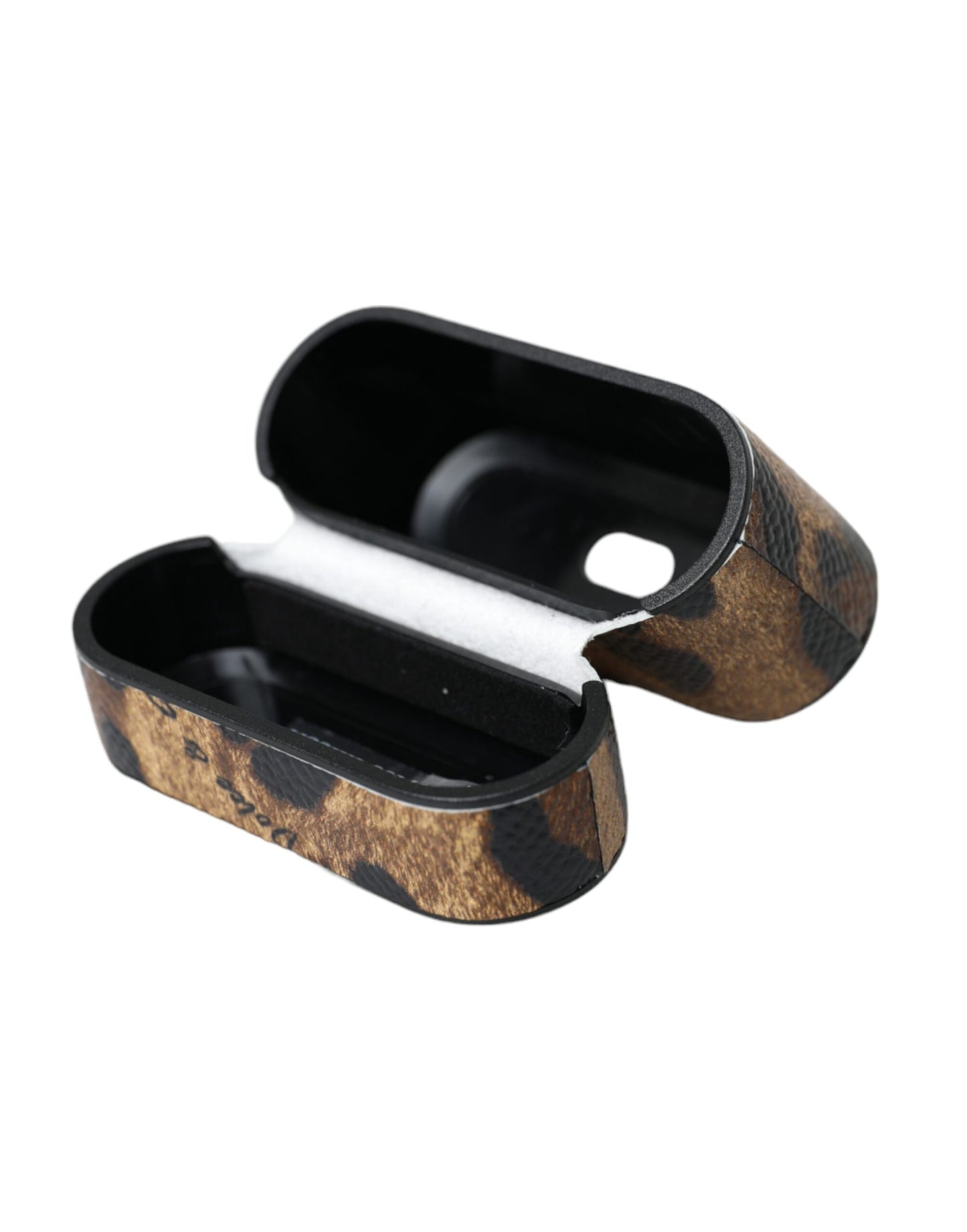 Custodia per Airpods Dolce &amp; Gabbana in pelle di vitello leopardata marrone con logo in metallo