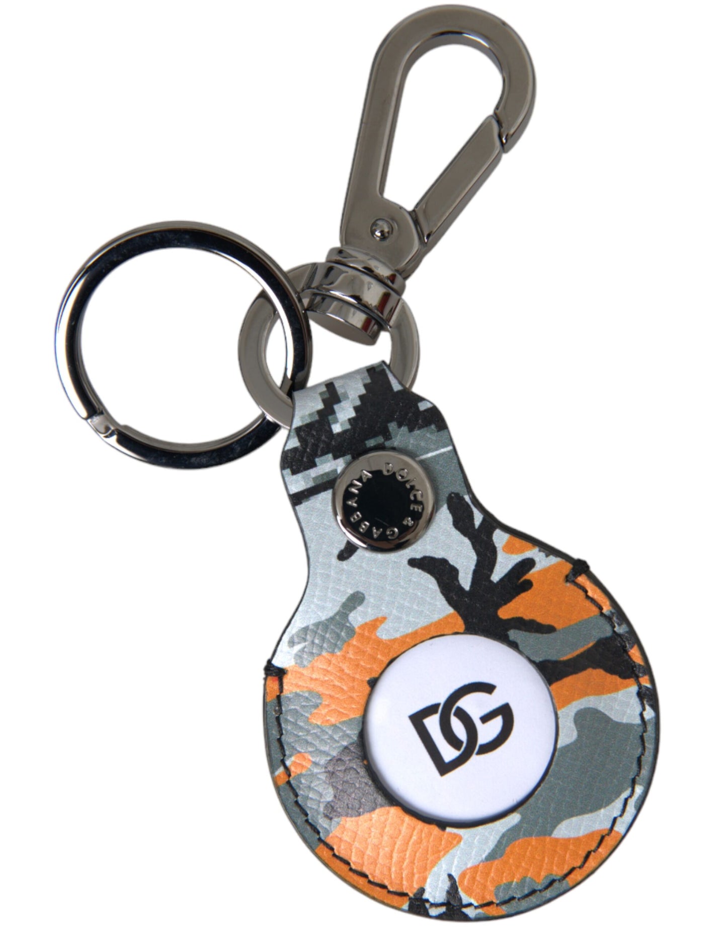 Dolce & Gabbana Camouflage Leather DG Logo Round Metal Keyring Keychain