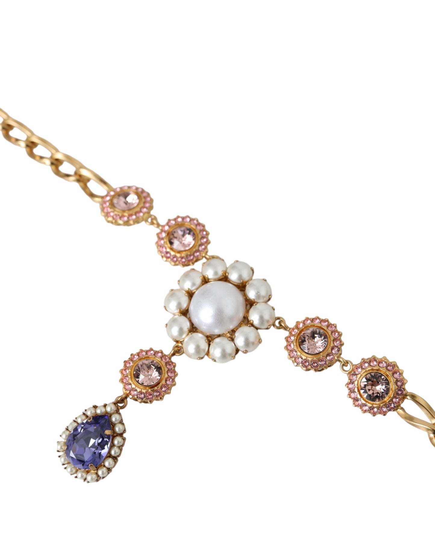 Dolce &amp; Gabbana Collana con pendenti in ottone dorato, cristallo, viola, perla rosa