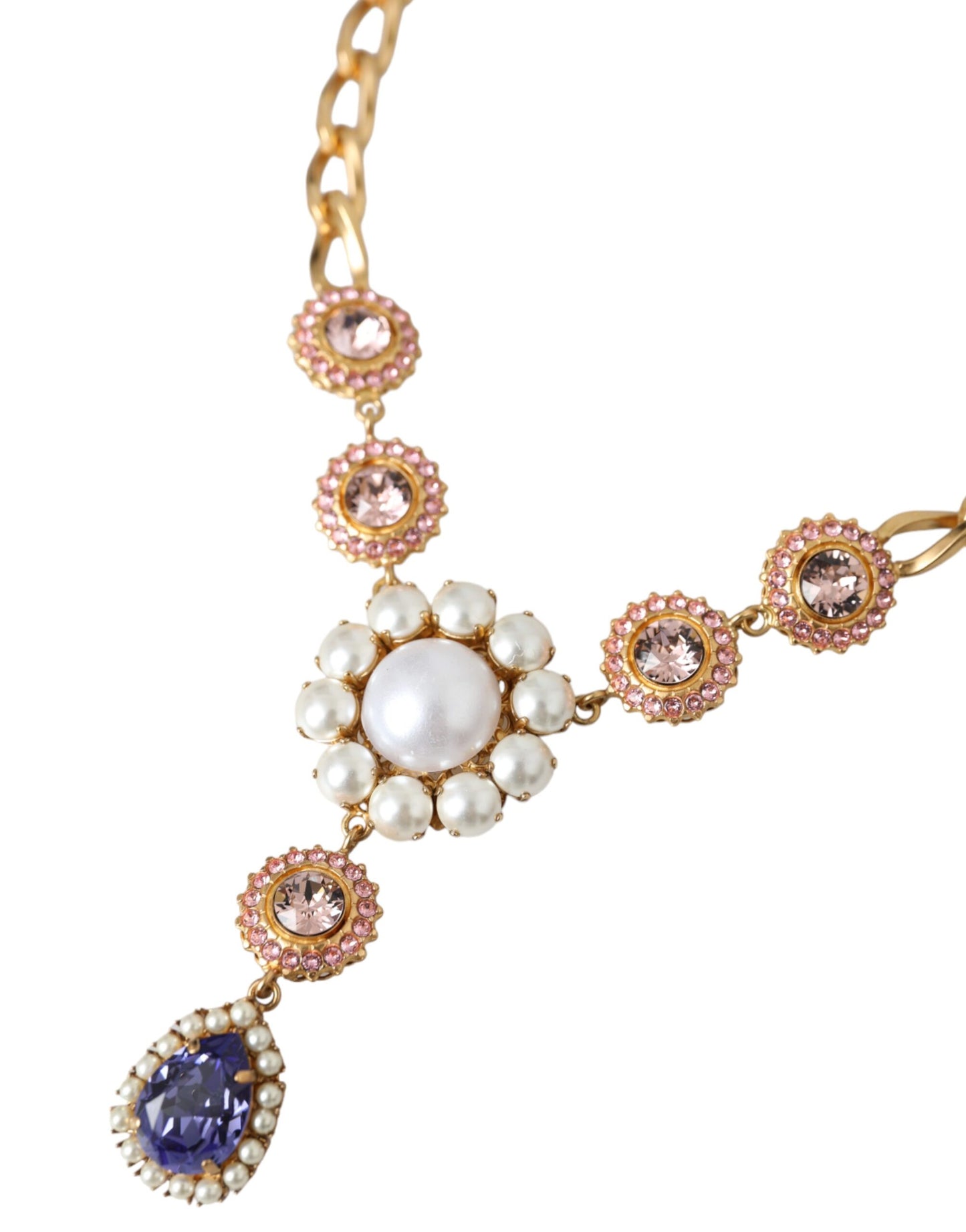 Dolce &amp; Gabbana Collana con pendenti in ottone dorato, cristallo, viola, perla rosa