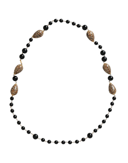 Dolce & Gabbana Gold Tone Brass Black Printed Beaded Long Chain Necklace