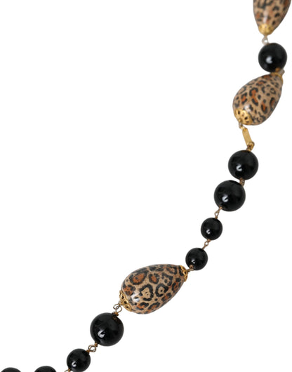 Collana a catena lunga con perline stampate nere in ottone color oro Dolce &amp; Gabbana