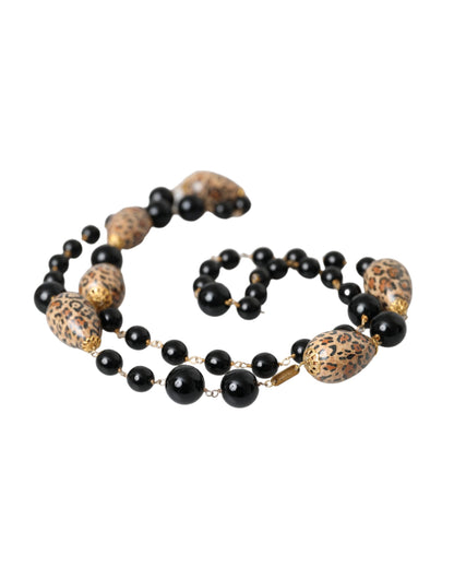 Collana a catena lunga con perline stampate nere in ottone color oro Dolce &amp; Gabbana