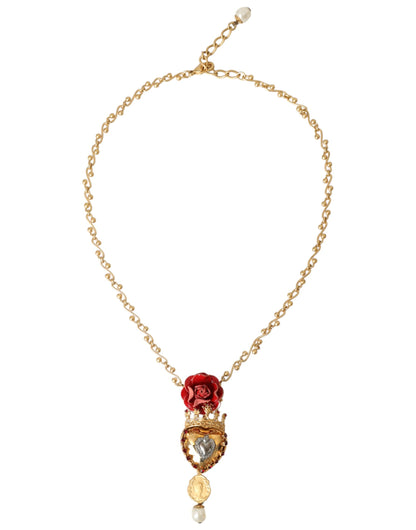 Dolce &amp; Gabbana Collana con ciondolo in ottone dorato con cuore sacro e cristalli rosa