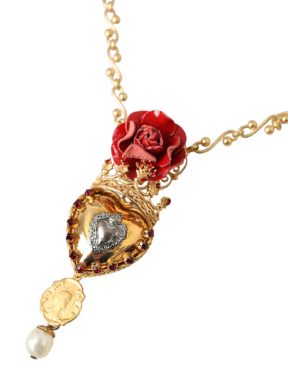 Dolce &amp; Gabbana Collana con ciondolo in ottone dorato con cuore sacro e cristalli rosa