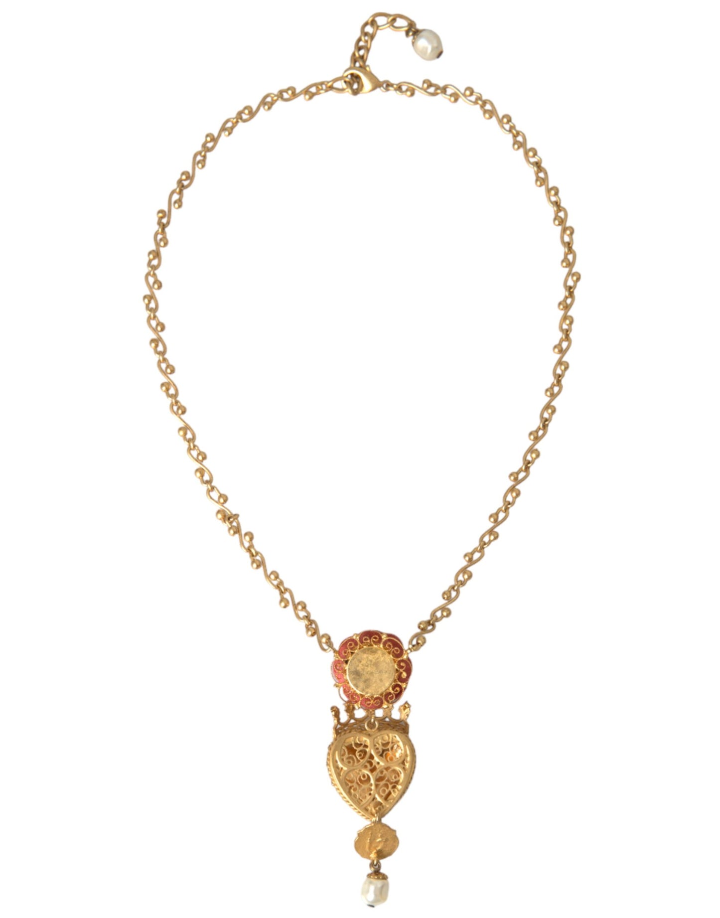 Dolce &amp; Gabbana Collana con ciondolo in ottone dorato con cuore sacro e cristalli rosa