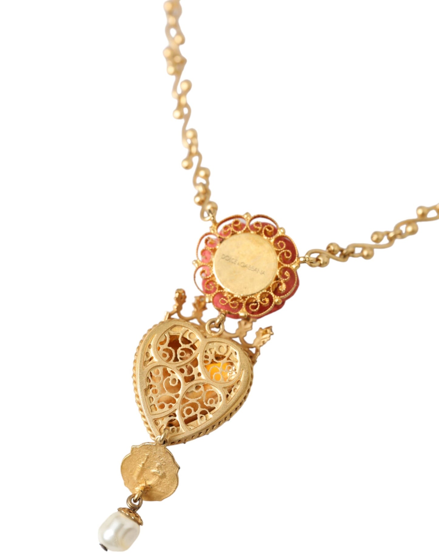 Dolce &amp; Gabbana Collana con ciondolo in ottone dorato con cuore sacro e cristalli rosa