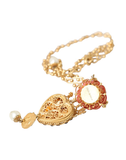 Dolce &amp; Gabbana Collana con ciondolo in ottone dorato con cuore sacro e cristalli rosa