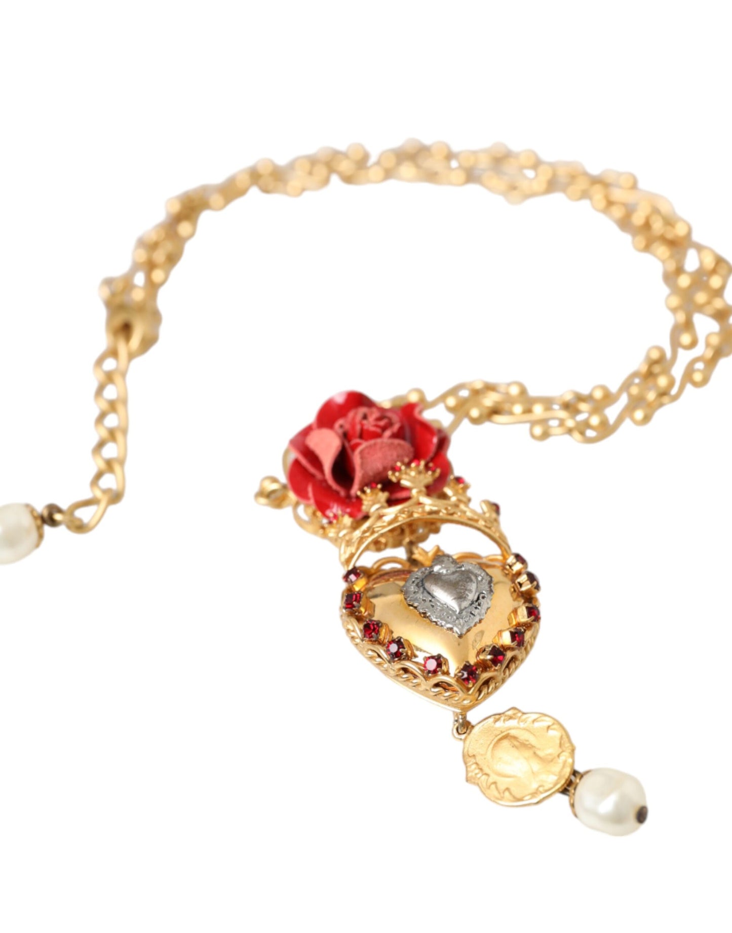 Dolce &amp; Gabbana Collana con ciondolo in ottone dorato con cuore sacro e cristalli rosa