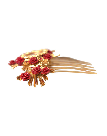 Dolce & Gabbana Gold Brass Crystal Heart Floral Hair Comb