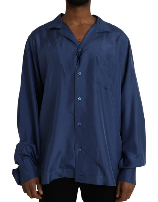 Dolce & Gabbana Blue Silk Long Sleeve Lounge Casual Shirt