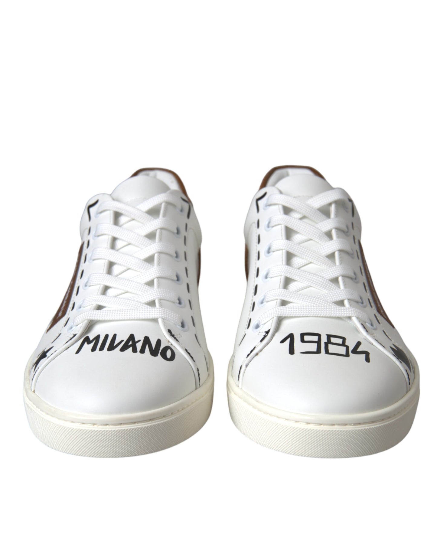 Dolce &amp; Gabbana Scarpe da ginnastica basse in pelle marrone bianco con logo