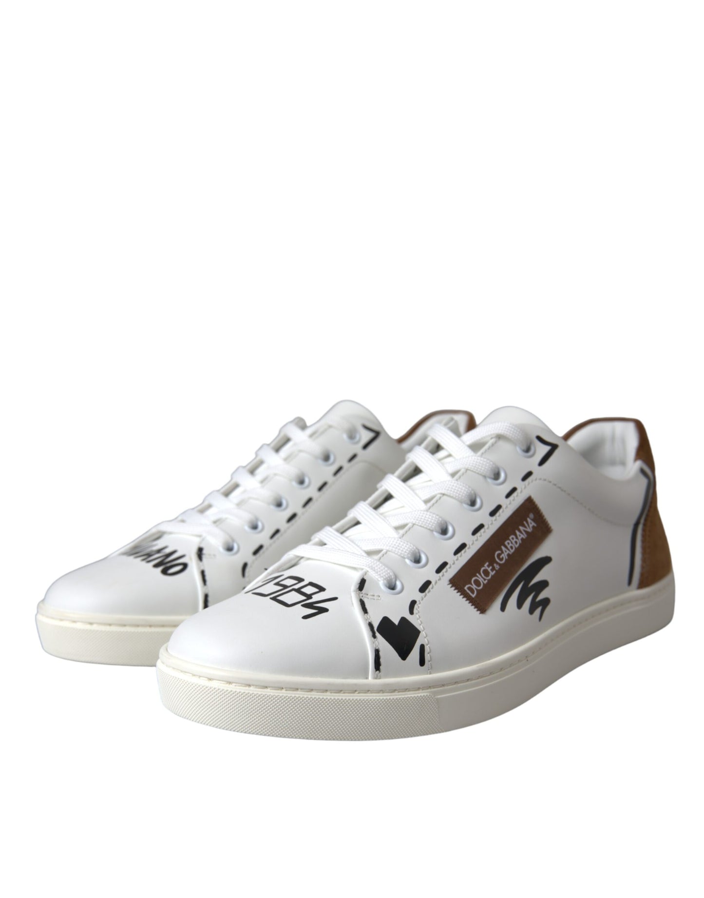 Dolce &amp; Gabbana Scarpe da ginnastica basse in pelle marrone bianco con logo