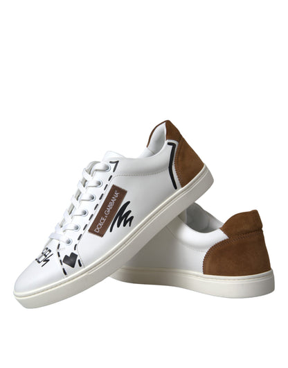 Dolce &amp; Gabbana Scarpe da ginnastica basse in pelle marrone bianco con logo