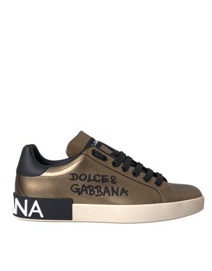 Dolce &amp; Gabbana Scarpe da ginnastica in pelle di vitello Portofino nere e dorate