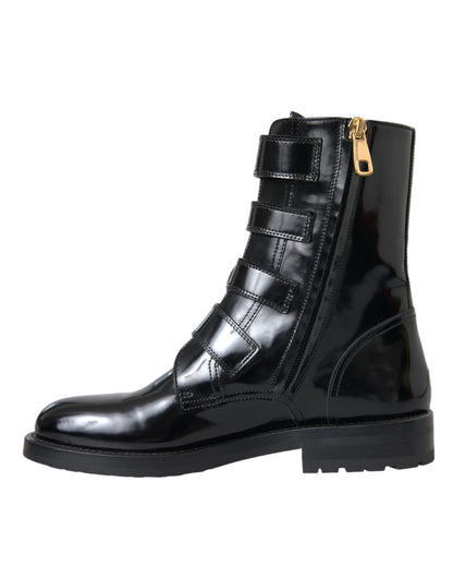 Dolce & Gabbana Black Leather Crystal Buckles Boots Shoes