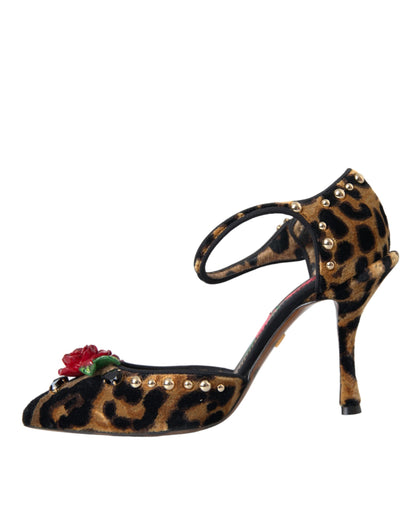 Dolce & Gabbana Brown Leopard Floral Crystal Mary Janes Pumps Shoes