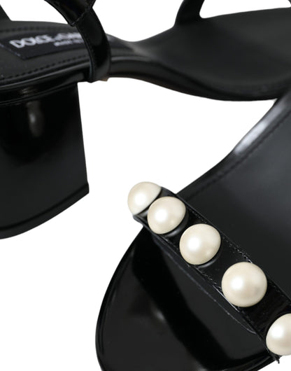 Dolce & Gabbana Black Leather Faux Pearl Heel Sandals Shoes