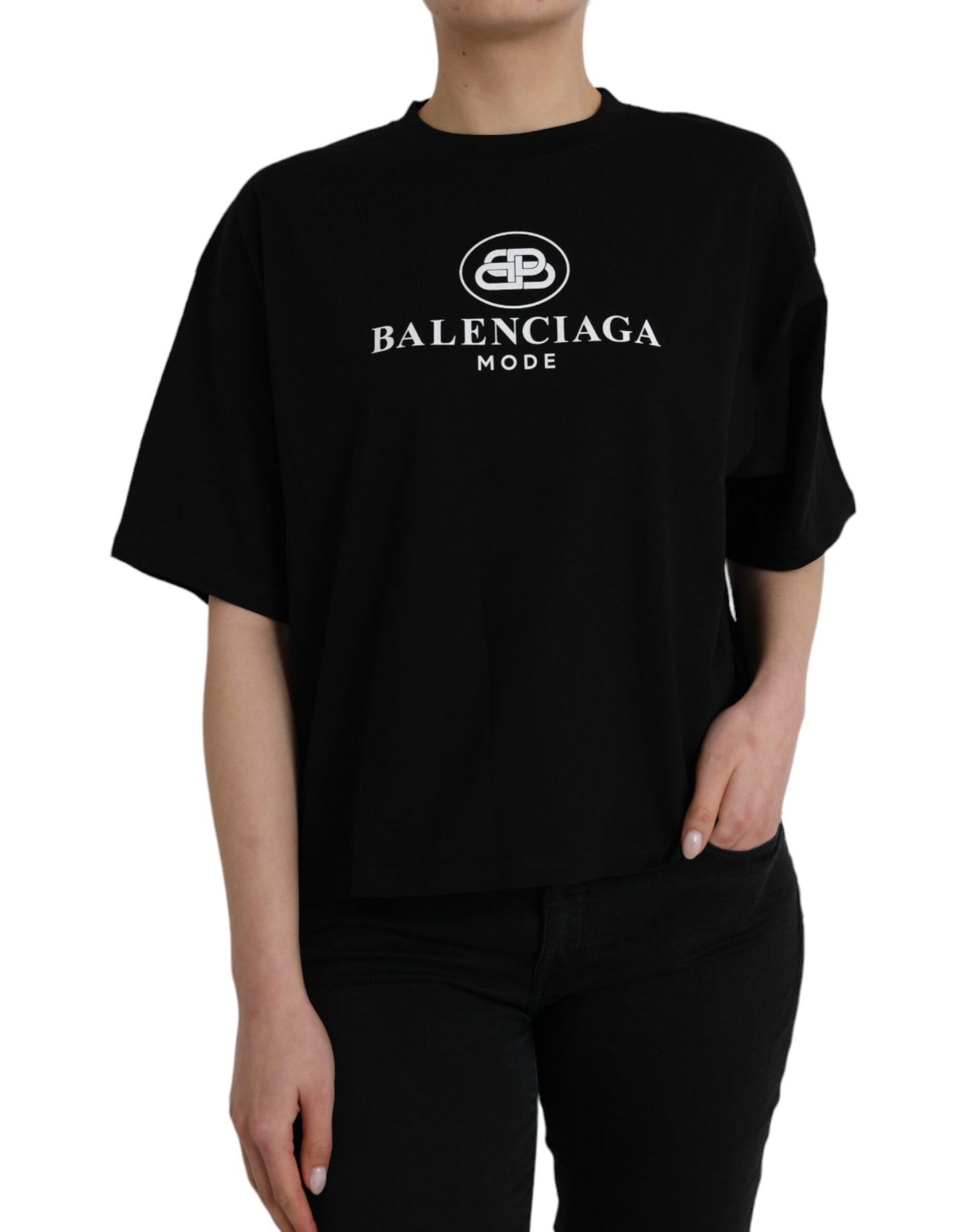 Balenciaga T-shirt girocollo a maniche corte con logo in cotone nero