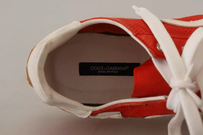 Dolce &amp; Gabbana Scarpe da ginnastica casual da uomo in pelle bianca rossa con logo