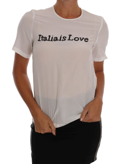 Blusa bianca "Italia Is Love" con paillettes in seta Dolce &amp; Gabbana