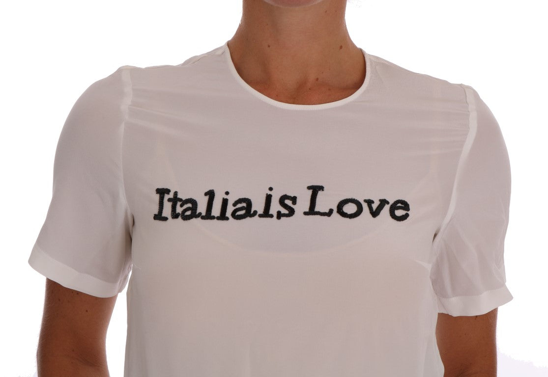 Blusa bianca "Italia Is Love" con paillettes in seta Dolce &amp; Gabbana