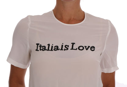 Blusa bianca "Italia Is Love" con paillettes in seta Dolce &amp; Gabbana