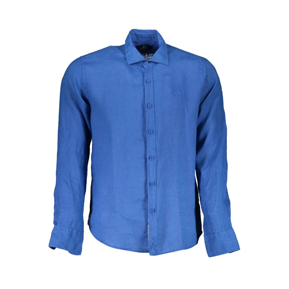 La Martina Blue Linen Men Shirt