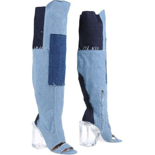 Stivali in denim vintage chic off-white e tacco trasparente