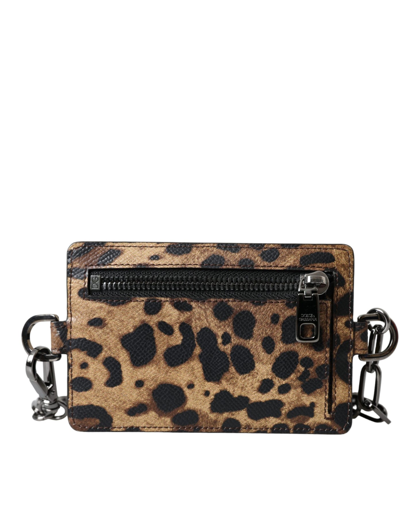 Dolce & Gabbana Brown Leather Leopard Print Logo Plaque Cardholder Wallet