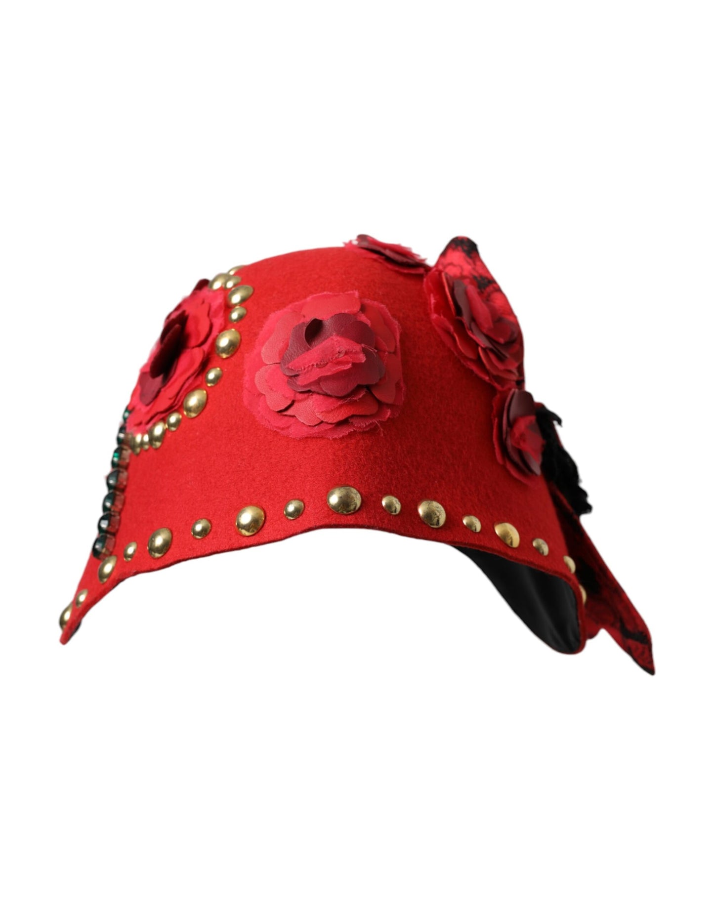 Dolce &amp; Gabbana Spilla con rose dorate e cristalli rossi Cappello impreziosito