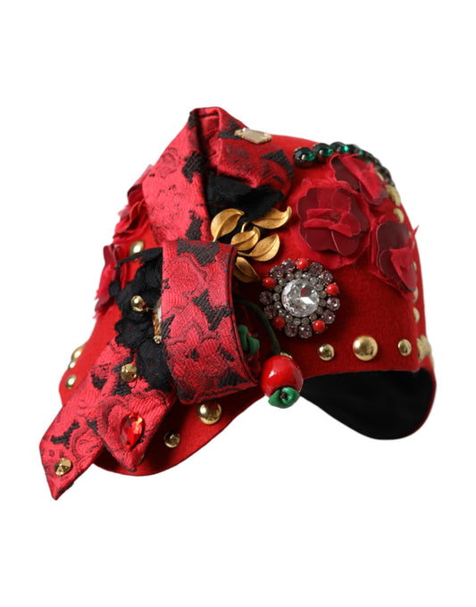 Dolce &amp; Gabbana Spilla con rose dorate e cristalli rossi Cappello impreziosito