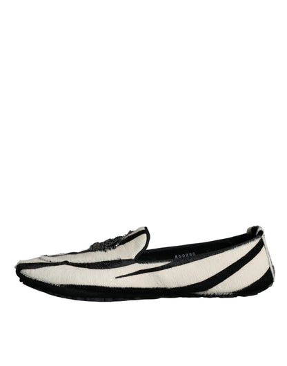 Dolce &amp; Gabbana Nero Bianco Vitello Pelliccia Slip On Mocassini Uomo Scarpe