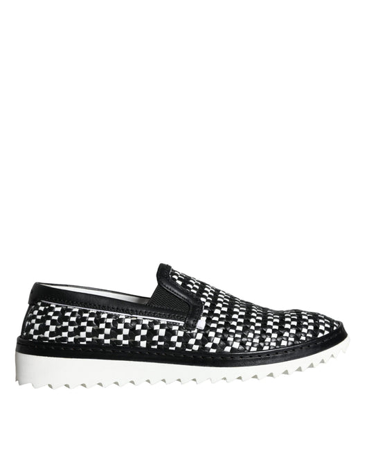 Dolce &amp; Gabbana Nero Bianco Intrecciato Slip On Uomo Mocassini Scarpe