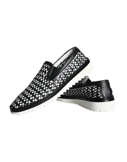 Dolce &amp; Gabbana Nero Bianco Intrecciato Slip On Uomo Mocassini Scarpe