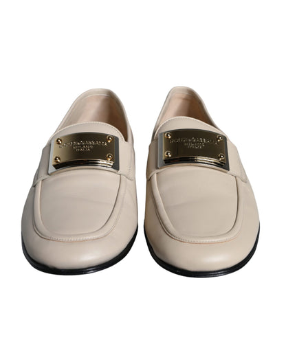 Dolce &amp; Gabbana Beige Pelle Logo Placca Slip On Uomo Mocassini Scarpe