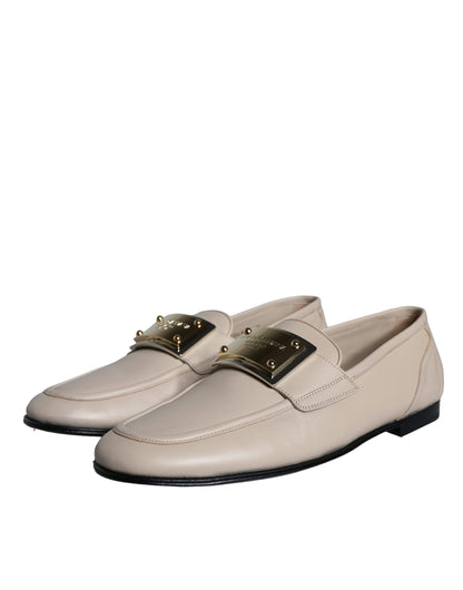 Dolce &amp; Gabbana Beige Pelle Logo Placca Slip On Uomo Mocassini Scarpe