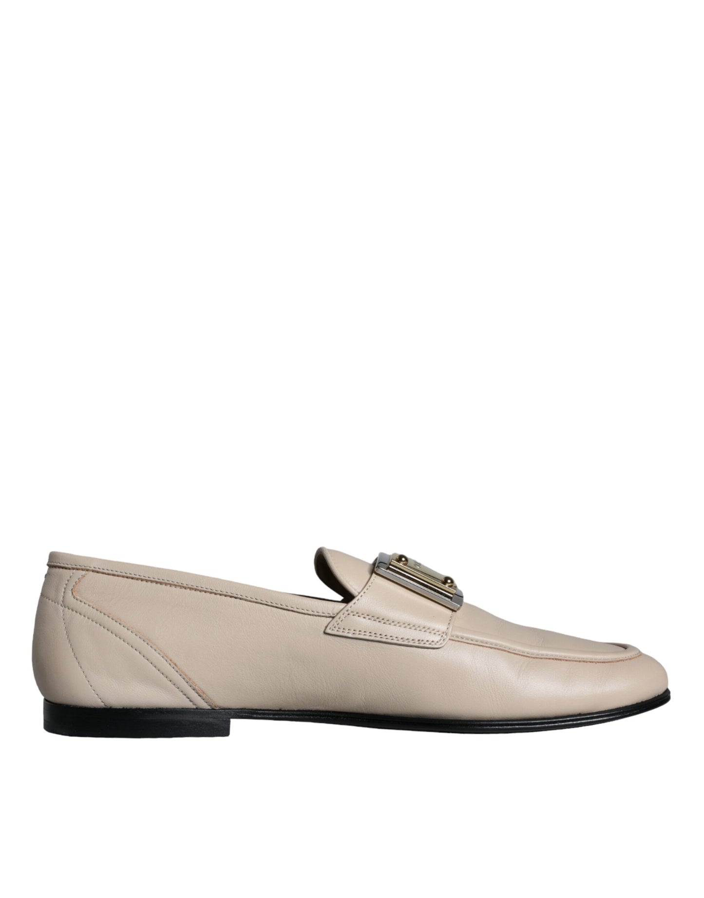 Dolce &amp; Gabbana Beige Pelle Logo Placca Slip On Uomo Mocassini Scarpe