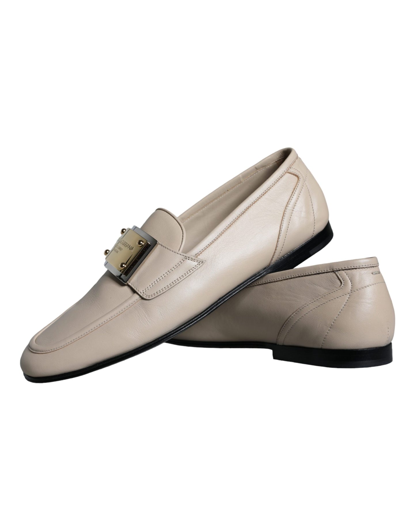 Dolce &amp; Gabbana Beige Pelle Logo Placca Slip On Uomo Mocassini Scarpe