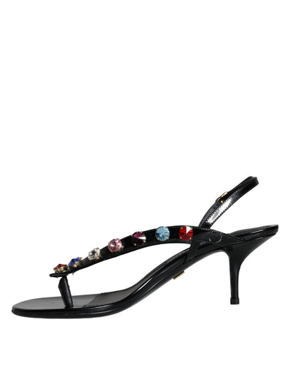 Dolce & Gabbana Black Leather Crystal Slingback Sandals Shoes