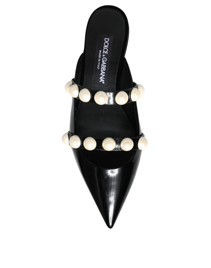 Dolce & Gabbana Black Leather Pearls Slides Sandals Shoes