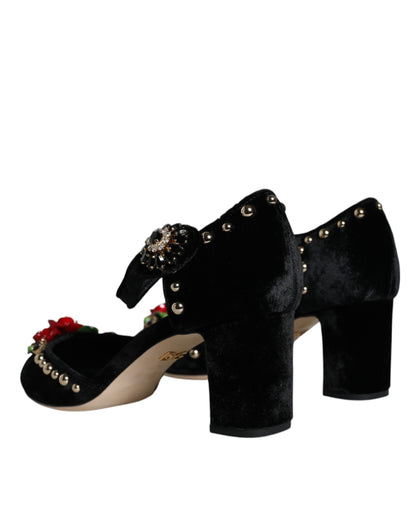 Dolce & Gabbana Black Velvet Roses Ankle Strap Pumps Shoes