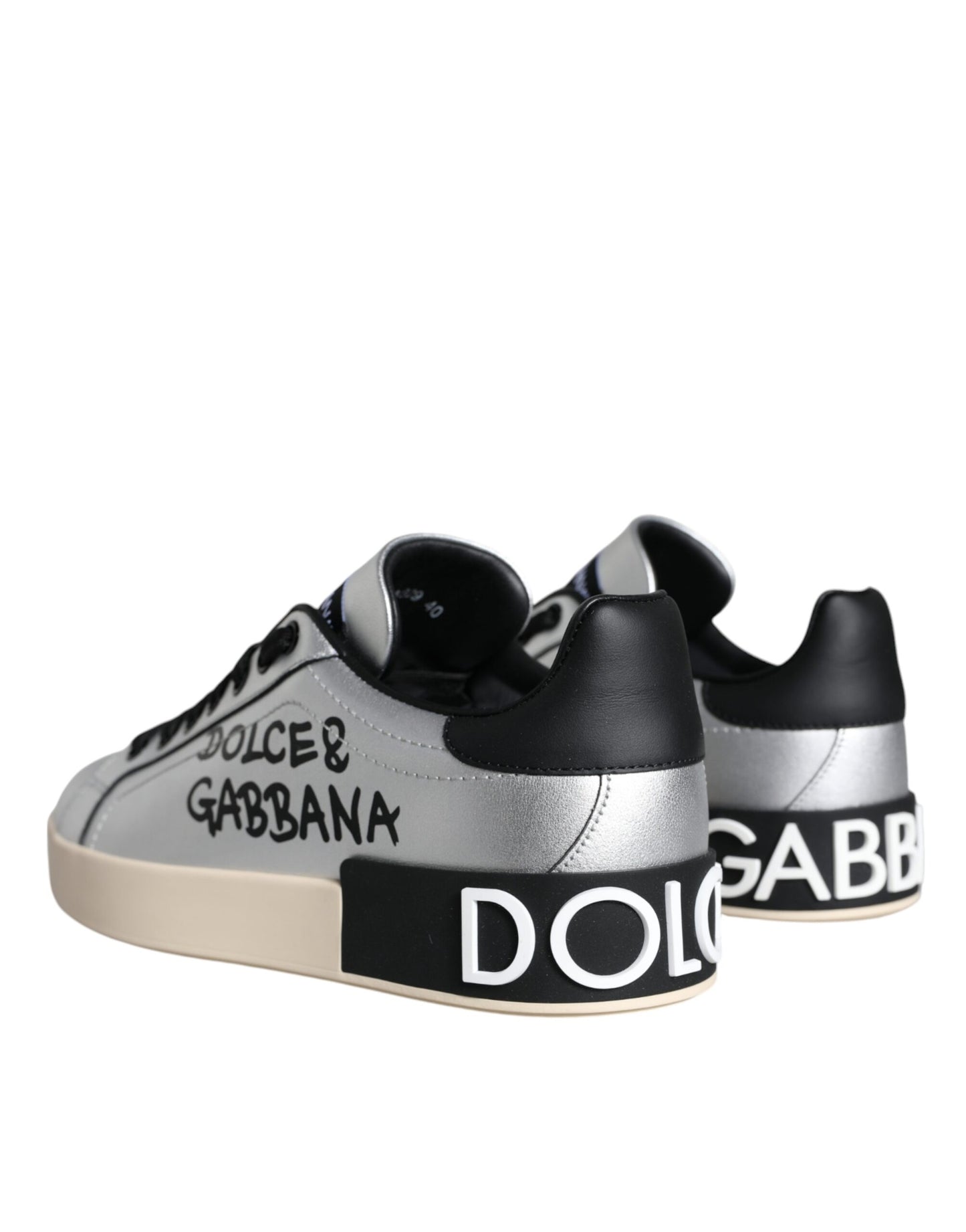 Dolce & Gabbana Silver Portofino Calf Leather Sneakers Shoes