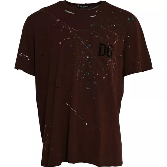 Dolce &amp; Gabbana T-shirt girocollo in cotone color marrone con schizzi di colore