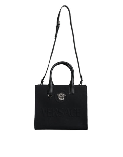 Versace Black Top Handle Canvas Leather Logo Crossbody Tote Bag