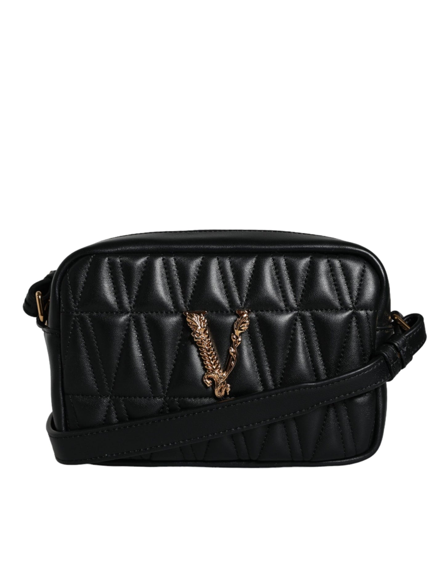 Versace Black Quilted Lamb Leather Camera Case Shoulder Bag