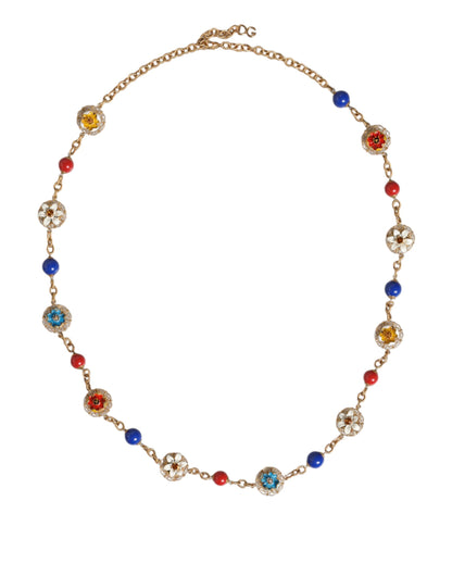 Dolce & Gabbana Gold Tone Brass Chain Floral Crystal Beaded Necklace