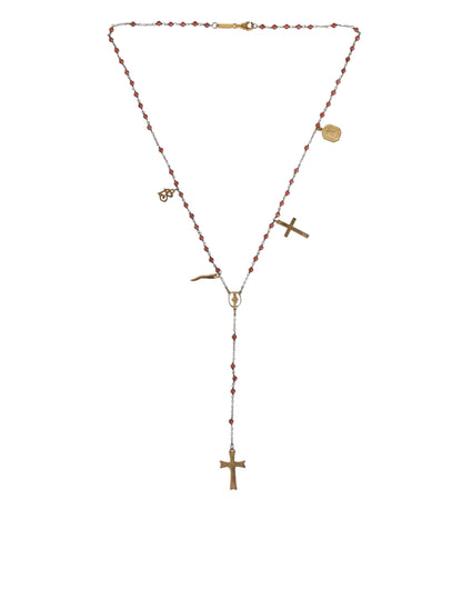 Dolce & Gabbana Gold Chain Brass Beaded Rosary Cross Pendant Necklace