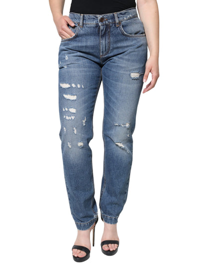 Dolce & Gabbana Blue Cotton Tattered Boyfriend Denim Jeans